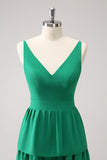 Green A-Line V-Neck Tiered Long Bridesmaid Dress