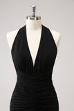 Black Mermaid Halter Pleated Backless Long Bridesmaid Dress