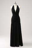 Black Mermaid Halter Pleated Backless Long Bridesmaid Dress