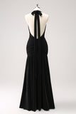 Black Mermaid Halter Pleated Backless Long Bridesmaid Dress