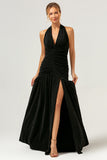 Black Mermaid Halter Pleated Backless Long Bridesmaid Dress