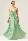 Light Green A Line Halter Backless Long Bridesmaid Dress with Lace Up Back