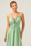 Light Green A Line Halter Backless Long Bridesmaid Dress with Lace Up Back