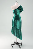 Dark Green Metallic One Shoulder Mermaid Cocktail Dress with Ruffles