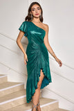 Dark Green One Shoulder Bodycon Metallic Cocktail Dress with Ruffles