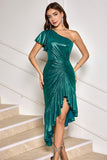 Dark Green One Shoulder Bodycon Metallic Cocktail Dress with Ruffles