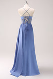 Sparkly Blue Spaghetti Straps Corset Prom Dress with Lace-Up Back