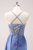 Sparkly Blue Spaghetti Straps Corset Prom Dress with Lace-Up Back