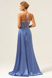 Sparkly Blue Mermaid Spaghetti Straps Corset Prom Dress with Lace-Up Back