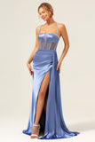 Sparkly Blue Mermaid Spaghetti Straps Corset Prom Dress with Lace-Up Back