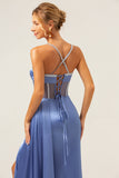 Sparkly Blue Mermaid Spaghetti Straps Corset Prom Dress with Lace-Up Back