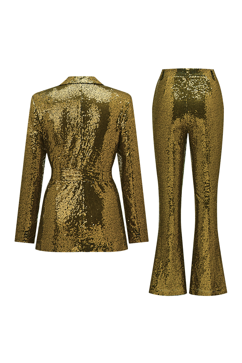Zapaka Sparkly Green Sequins Notched Lapel Women Suits with Belt, Gold / 2XL Zapaka Sparkly Green Sequins Notched Lapel Women Suits with Belt, Gold / 2XL