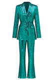 Glitter Green Sequins Notched Lapel Women Suits with Belt