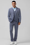 Grey Blue Plaid Notched Lapel Double Breasted 3 Piece Men's Prom Suit