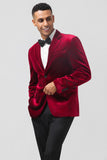 Burgundy Notched Lapel Velvet Single Breasted Men's Blazer