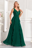 Sparkly Dark Green A Line Sequins Long Prom Dress with Ruffles