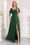 Sparkly Dark Green A Line Long Prom Dress With Slit