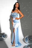 Sparkly Blue Strapless Mermaid Long Prom Dress with Slit