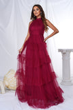 Burgundy Halter Tiered Tulle A Line Long Prom Dress