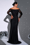 Black Cut Out Mermaid Off the Shoulder Appliques Long Sleeves Prom Dress with Slit