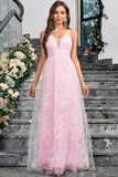 Sparkly Pink  A Line V-Neck Prom Dress