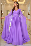 Purple A Line V Neck Long Sleeves Chiffon Prom Dress