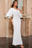 White Mermaid V Neck Long Prom Dress with Puff Sleeves