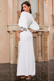 White Mermaid V Neck Long Prom Dress with Puff Sleeves