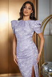 Light Purple Bodycon Puff Sleeves Pleated Long Prom Dress With Slit