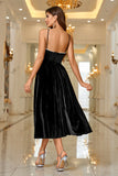 Black Velvet A Line Spaghetti Straps Tea Length Prom Dress