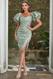 Green Sweetheart Neck Puff Sleeve Cocktail Party Dress with Side Slit