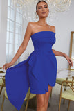 Blue Bodycon Strapless Solid Asymmetrical Cocktail Party Dress