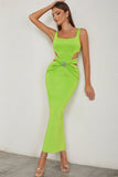 Green A Line Square Neck Hollow Out Pleated Long Formal Party Dress