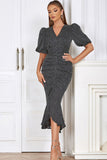 Black Bodycon V Neck Polka Dot Ruched Formal Dress with Puff Sleeves