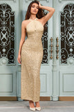 Sparkly Apricot Mermaid Halter Sequins Long Formal Dress with Slit