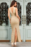 Sparkly Apricot Mermaid Halter Sequins Long Formal Dress with Slit