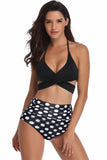 Black and White Polka Dots Halter Criss Cross Two Pieces Bikini Swimsuit