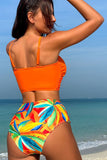 Orange Beach Vacation Tropical Plant Print Front Knot Bikini Set