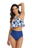 Floral and Plain Halter Falbala High Waist Two Piece Bikini Set Swimsuit