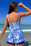 Summer Beach Blue V Neck Print Vest Style Tankini Swimsuit