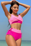 Pink Fuchsia Color Block High Waisted Twist Front Two Piece Swimsuits