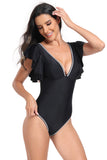 Black Deep V-Neck One-Piece Tummy Control Swimsuit with Ruffle Sleeve