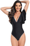 Black Deep V-Neck One-Piece Tummy Control Swimsuit with Ruffle Sleeve