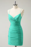 Green Spaghetti Straps Backless Tight Homecoming Dress with Beading