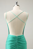 Green Spaghetti Straps Backless Tight Homecoming Dress with Beading