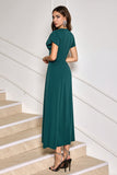 Dark Green V-Neck Midi Cocktail Party Dress with Short Sleeves