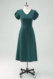 Dark Green V-Neck Cocktail Dress with Short Sleeves