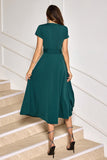 Dark Green A-Line Short Sleeves Mother of Bride Dress with Belt