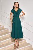 Dark Green A-Line Short Sleeves Mother of Bride Dress with Belt