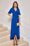 Royal Blue V-Neck Long Formal Dress with Short Sleeves